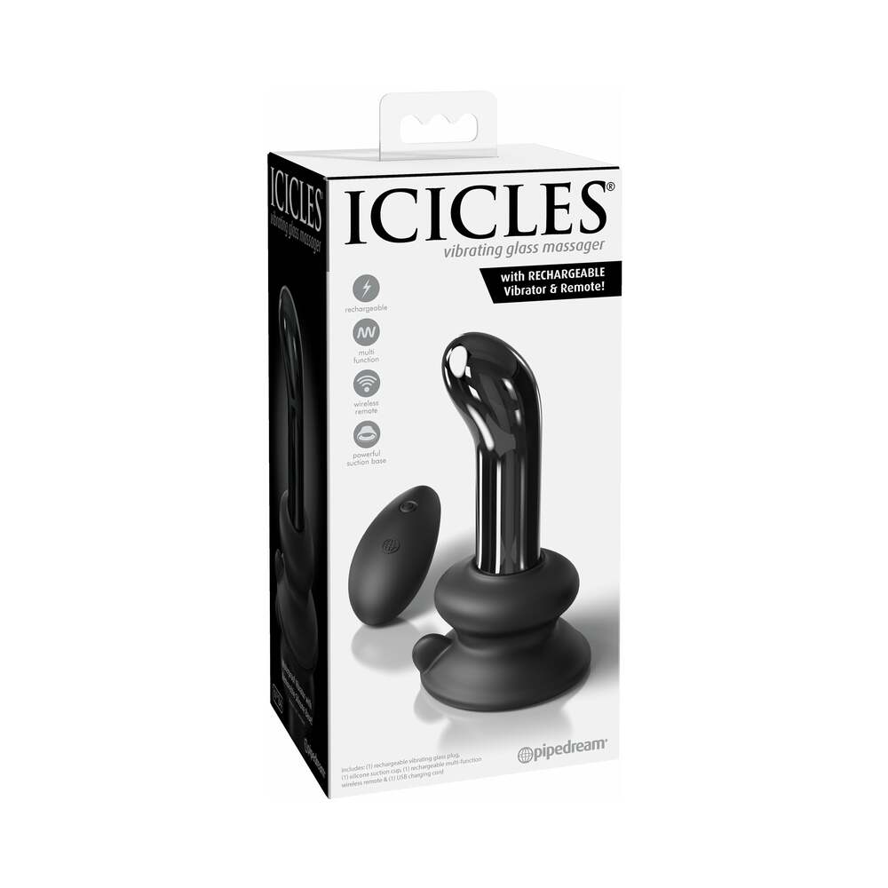 Pipedream Icicles No. 84 Rechargeable Remote-Controlled Vibrating Curved Glass Massager With Suction Cup Black